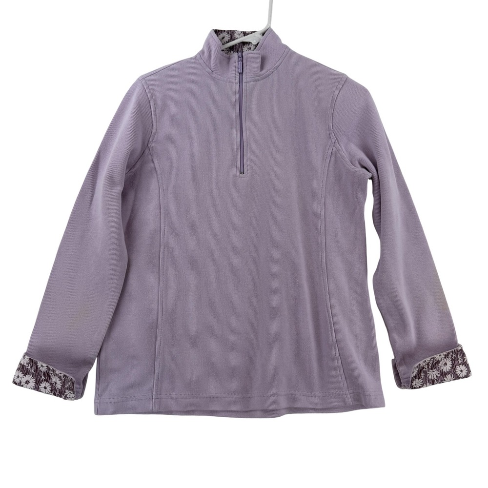 Orvis Sweater Womens Medium Purple 1/4 Zip Mock Neck Floral Trim Knit Pullover